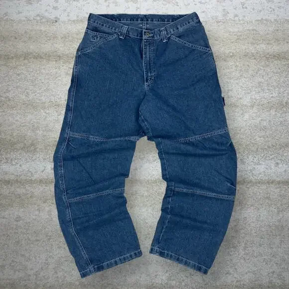 Vintage Y2K Lee Dungarees Jeans 36x32 Baggy Wide Leg Medium Wash Double Knees - Picture 2 of 3